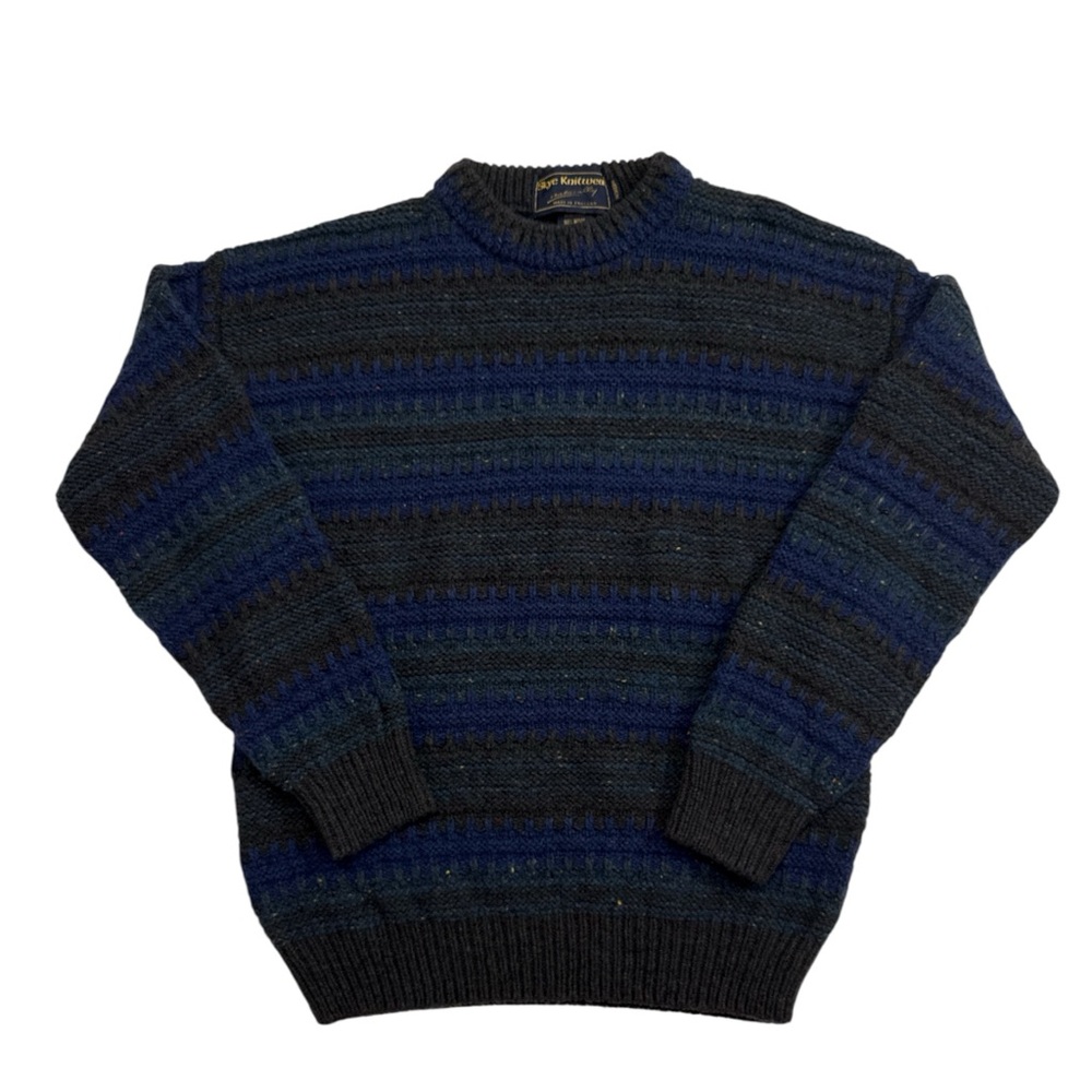 Skye Knitwear Striped Crewneck Sweater -‎ Blue and Black Wool/Silk Men’s Medium